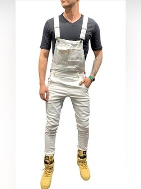 NWT LONGBIDA Men's Denim Bib Overalls Fashion Slim Fit Jumpsuit with Pockets